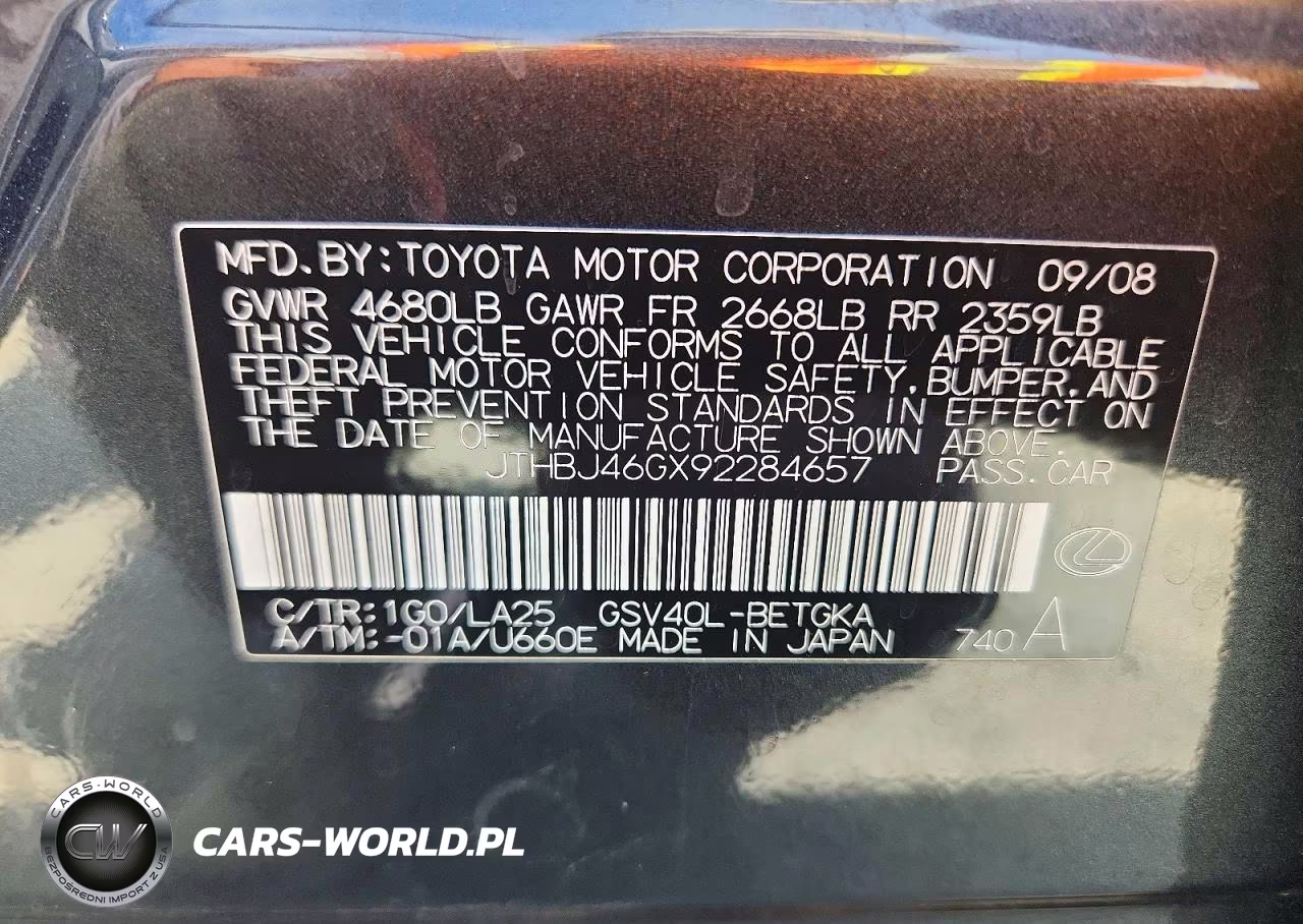 2009 Lexus Es 350 VIN:JTHBJ46GX92284657 - 12