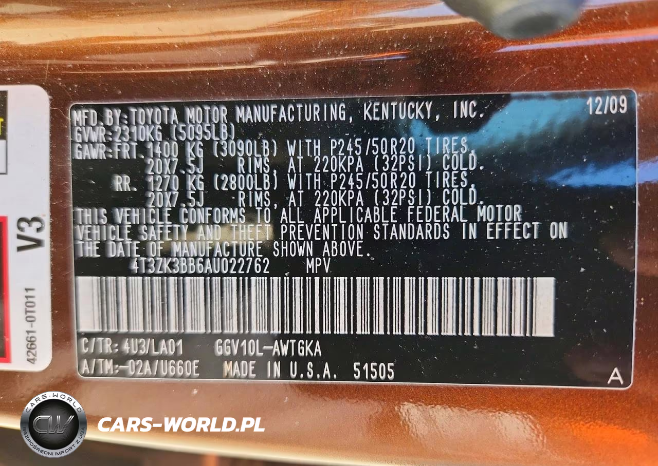 2010 Toyota Venza Fwd V6 VIN:4T3ZK3BB6AU022762 - 12