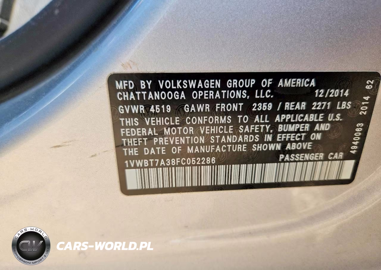 2015 Volkswagen Passat Se VIN:1VWBT7A38FC052286 - 13
