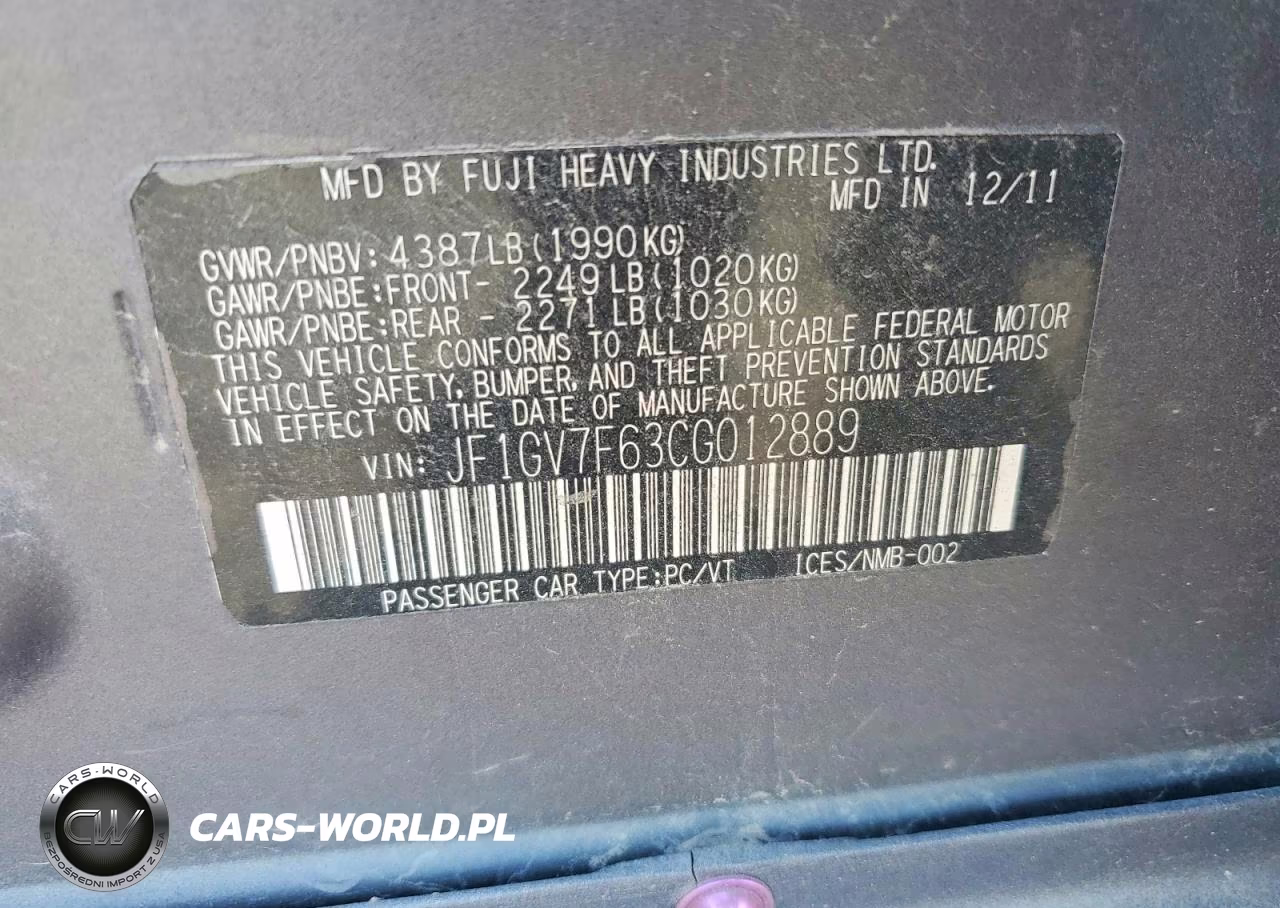 2012 Subaru Impreza Wrx VIN:JF1GV7F63CG012889 - 12