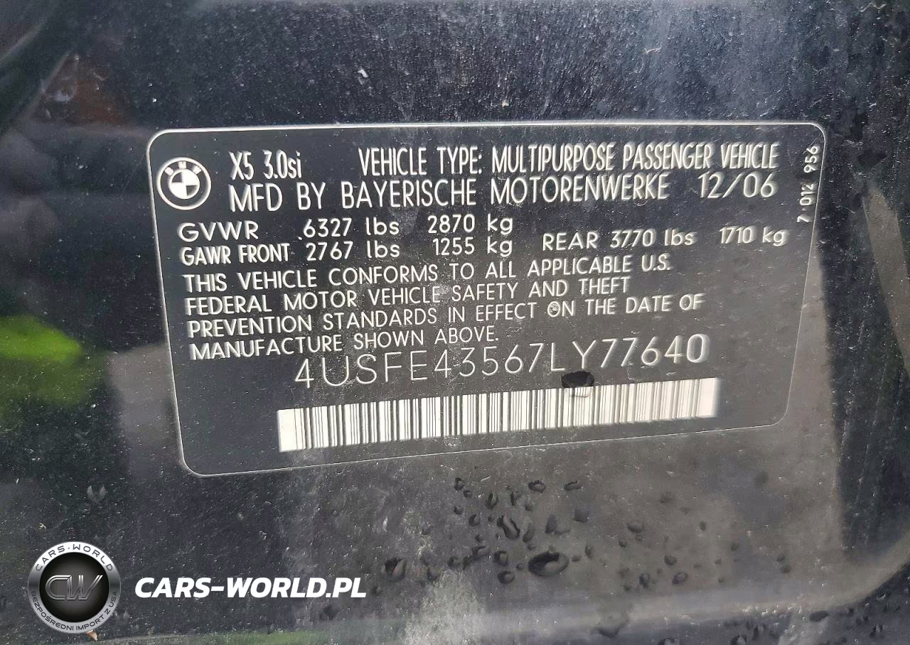 2007 BMW X5 3.0I VIN:4USFE43567LY77640 - 13