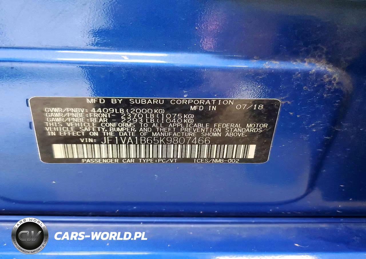 2019 Subaru Wrx Premium VIN:JF1VA1B65K9807466 - 12