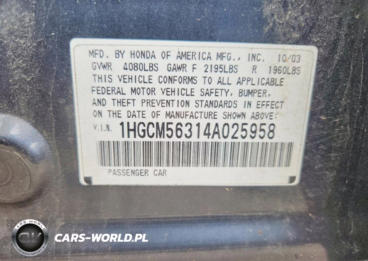 2004 Honda Accord Lx VIN:1HGCM56314A025958 - 12