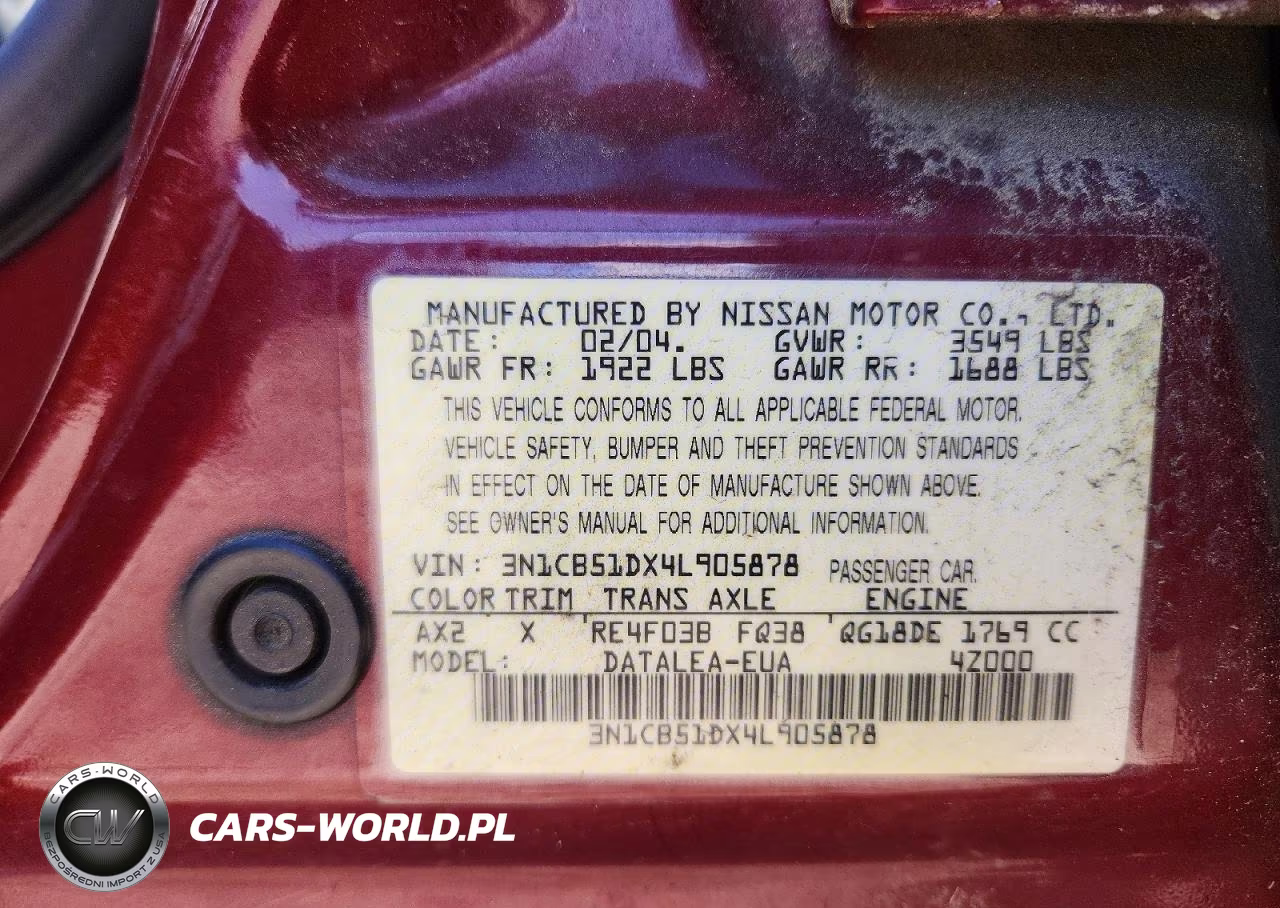 2004 Nissan Sentra 1.8 VIN:3N1CB51DX4L905878 - 12