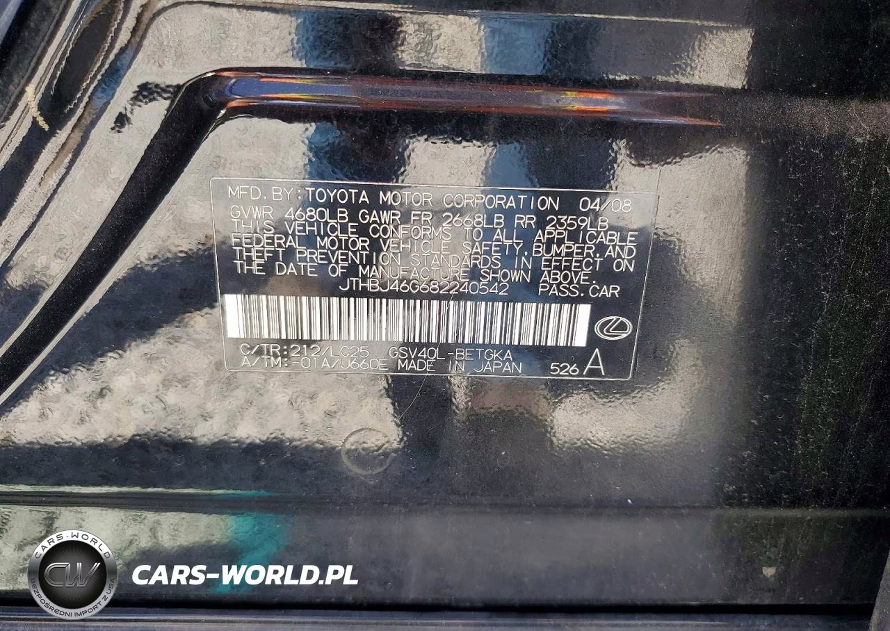 2008 Lexus Es 350 VIN:JTHBJ46G682240542 - 12