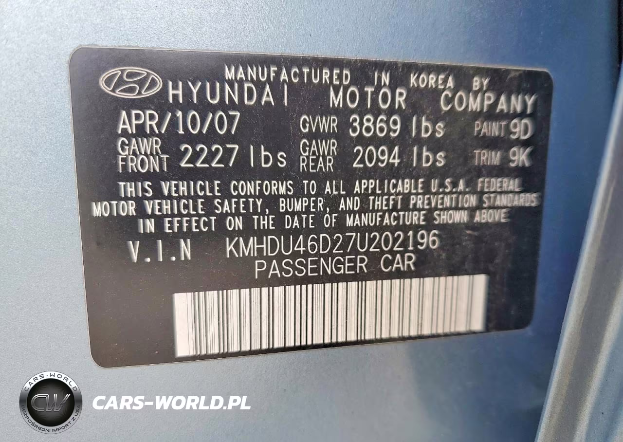 2007 Hyundai Elantra Gls VIN:KMHDU46D27U202196 - 12