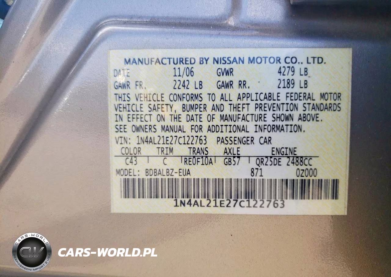2007 Nissan Altima 2.5 VIN:1N4AL21E27C122763 - 13