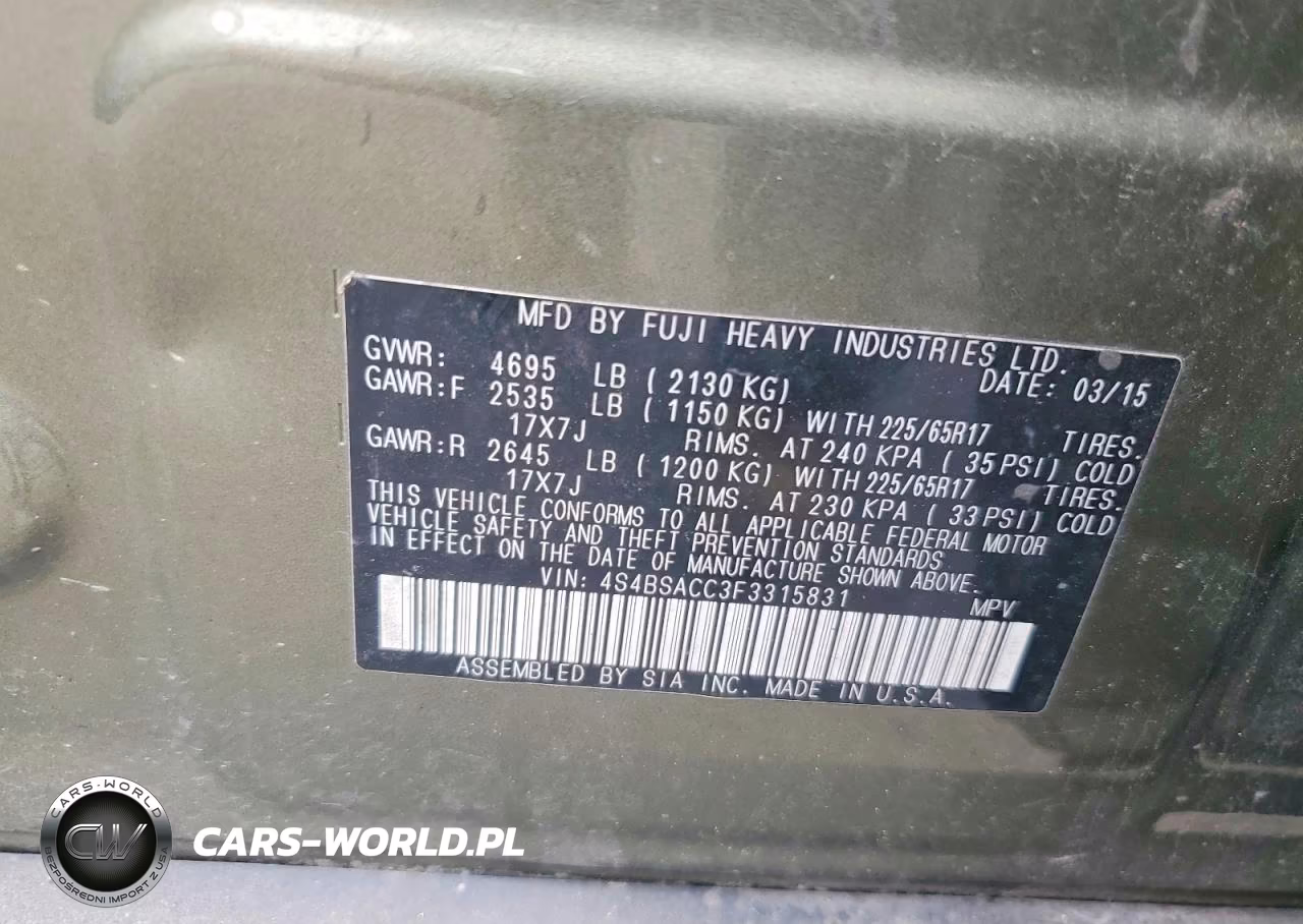 2015 Subaru Outback 2.5I Premium VIN:4S4BSACC3F3315831 - 13