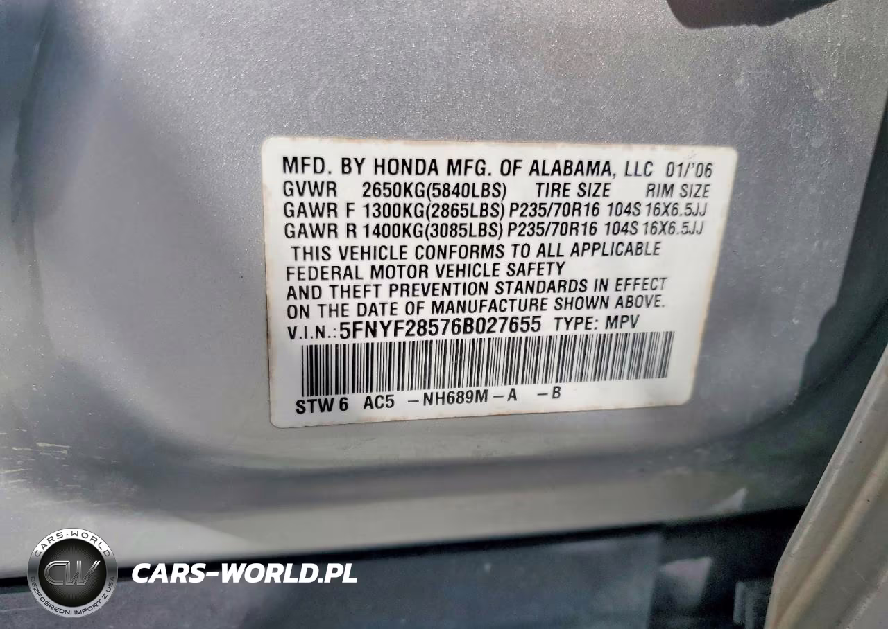 2006 Honda Pilot Ex VIN:5FNYF28576B027655 - 13