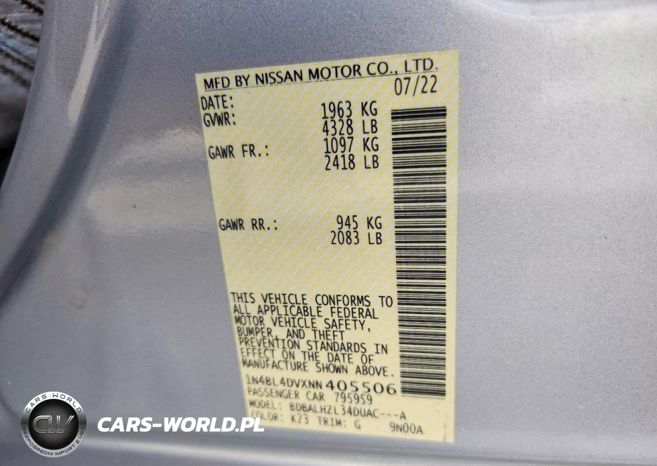 2022 Nissan Altima Sv VIN:1N4BL4DVXNN405506 - 12