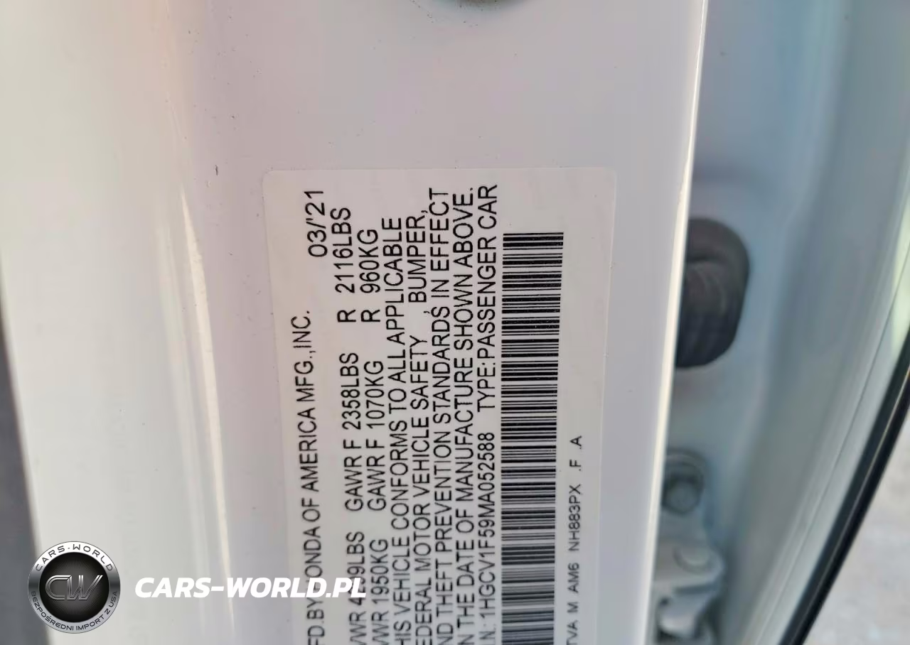 2021 Honda Accord Exl VIN:1HGCV1F59MA052588 - 12