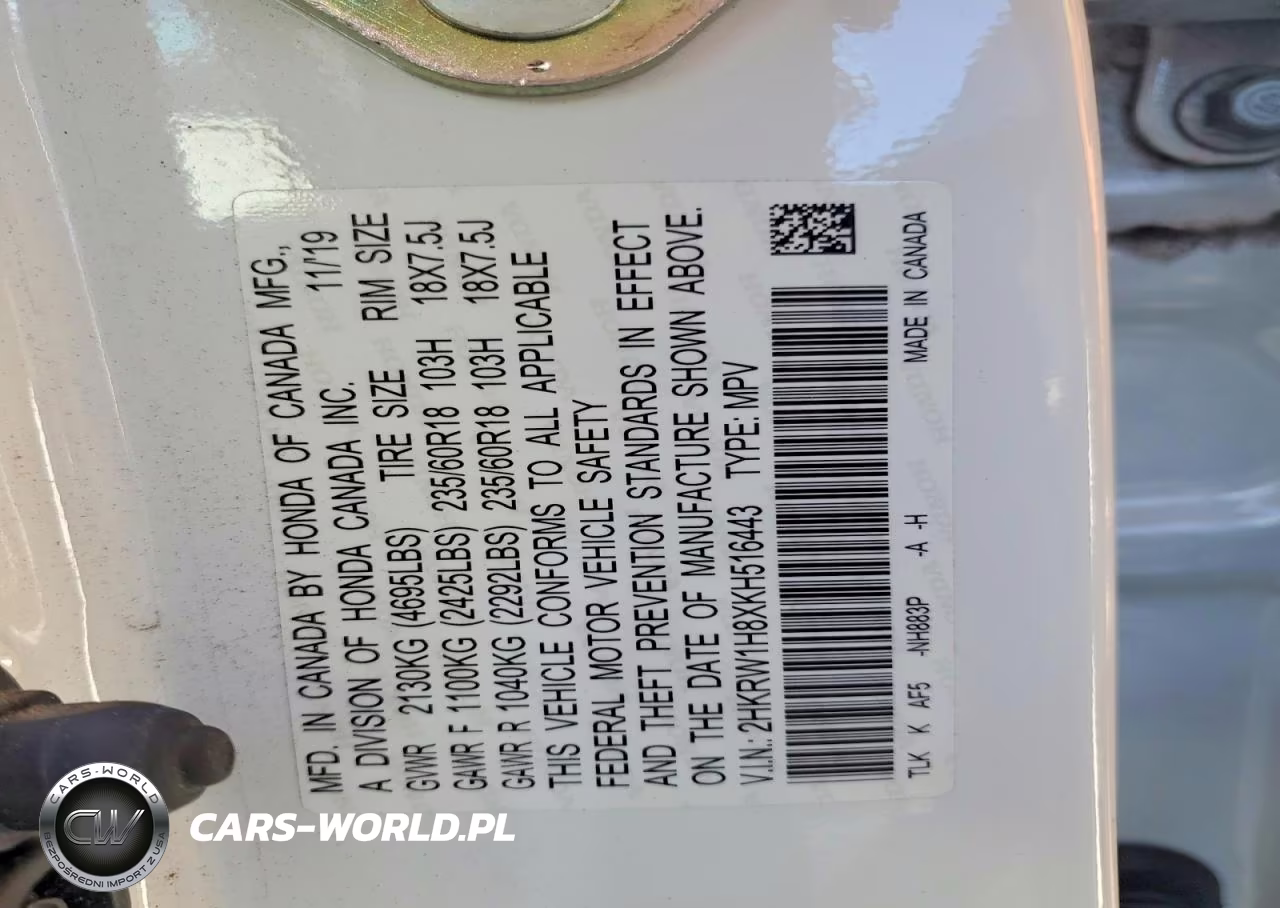 2019 Honda Cr-V Exl VIN:2HKRW1H8XKH516443 - 13