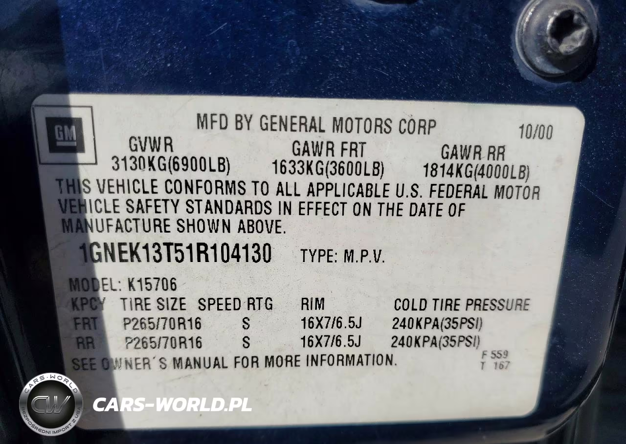2001 Chevrolet Tahoe K1500 VIN:1GNEK13T51R104130 - 13