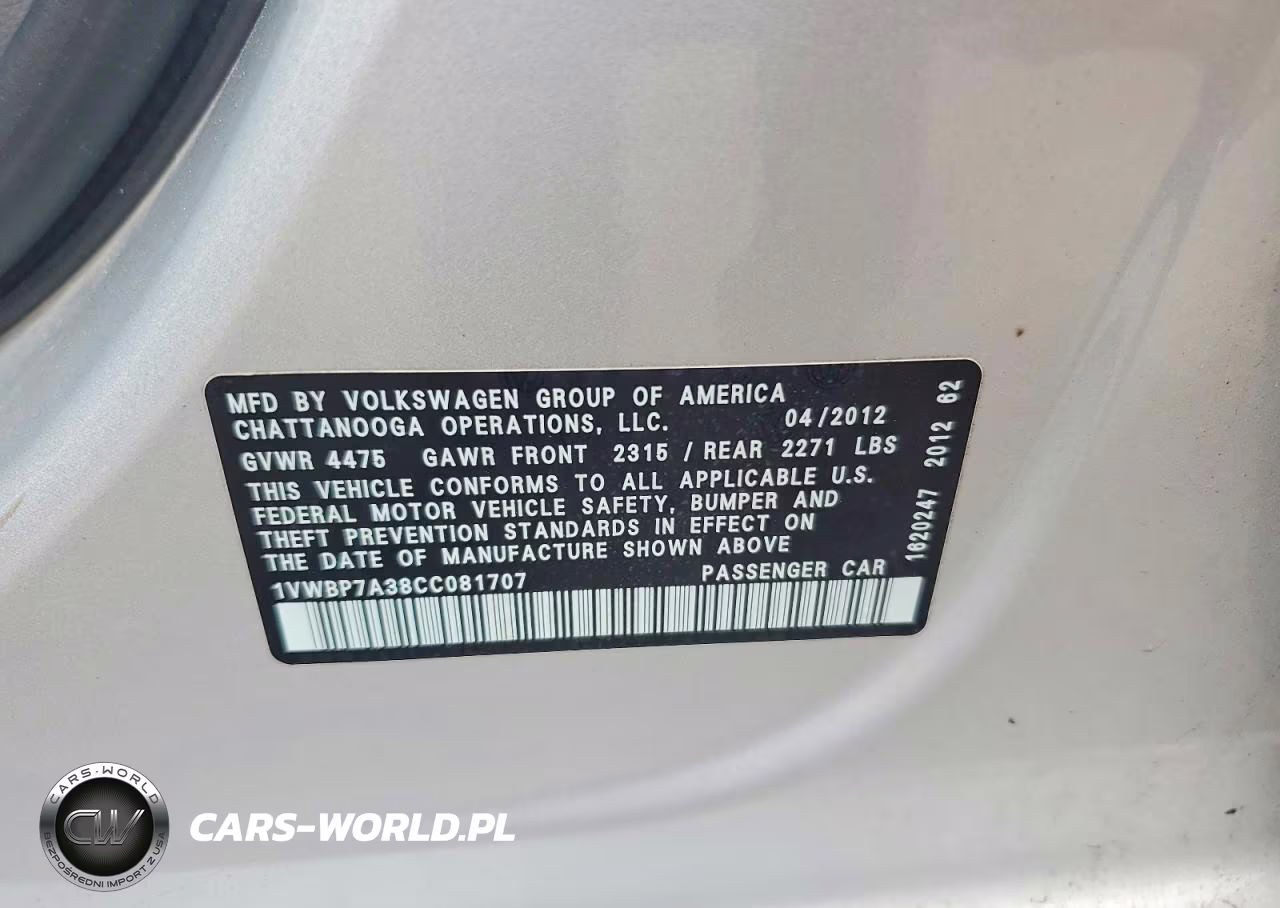 2012 Volkswagen Passat Se VIN:1VWBP7A38CC081707 - 12
