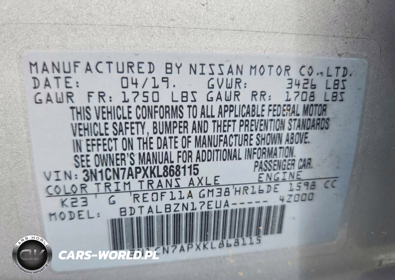 2019 Nissan Versa Sv VIN:3N1CN7APXKL868115 - 12