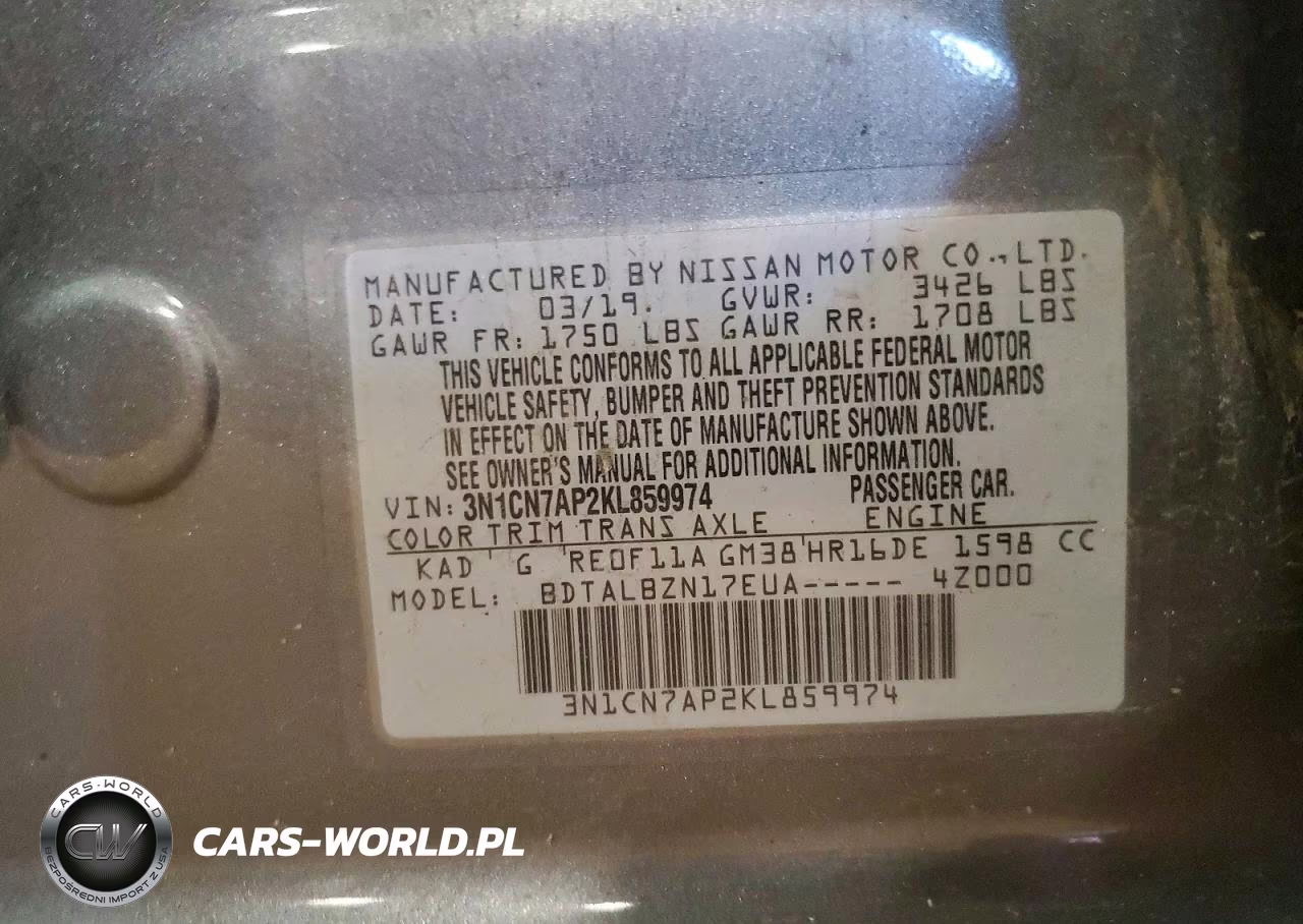 2019 Nissan Versa Sv VIN:3N1CN7AP2KL859974 - 12
