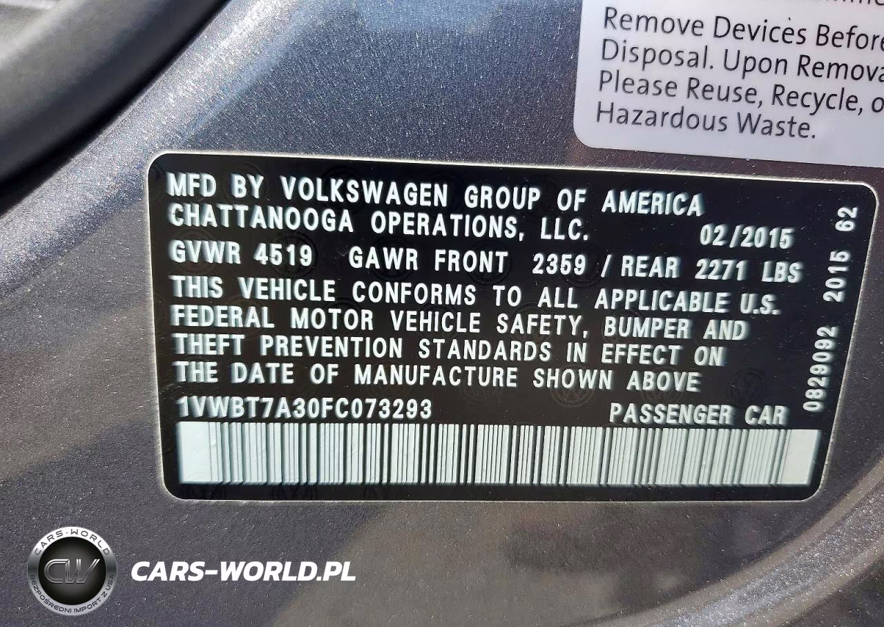 2015 Volkswagen Passat Se VIN:1VWBT7A30FC073293 - 12