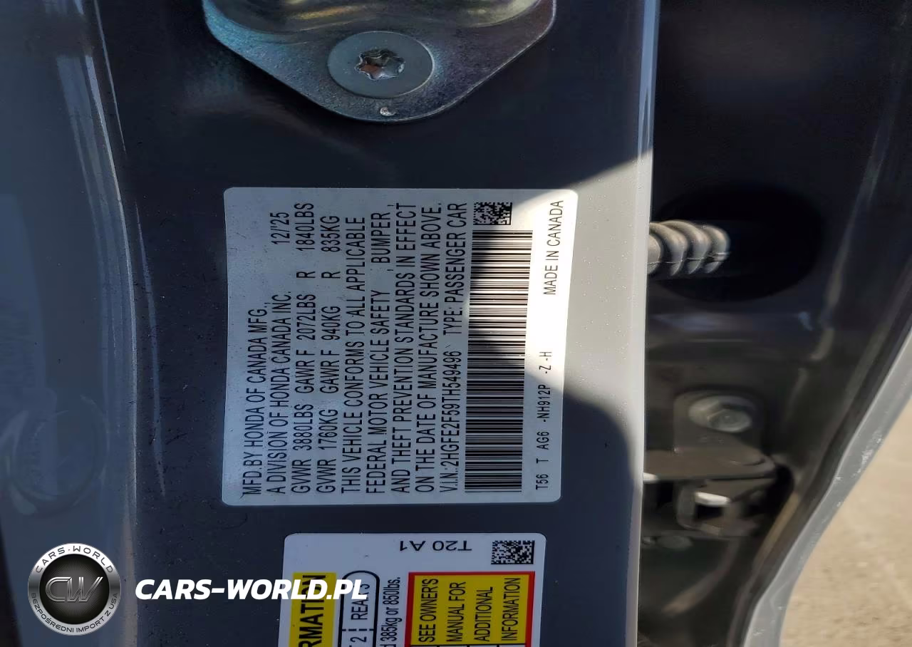 2026 Honda Civic Sport VIN:2HGFE2F59TH549496 - 12