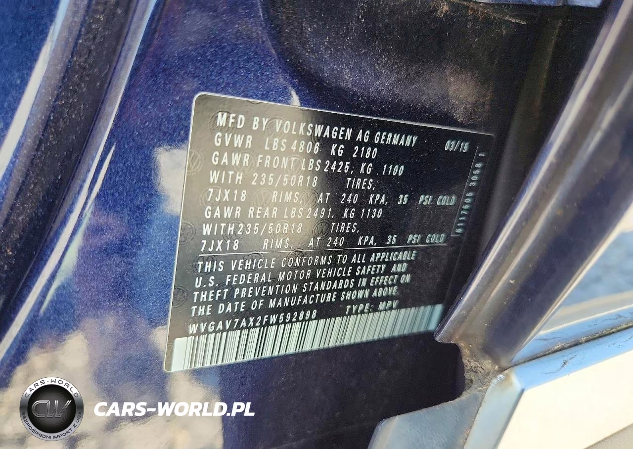 2015 Volkswagen Tiguan S VIN:WVGAV7AX2FW592898 - 13