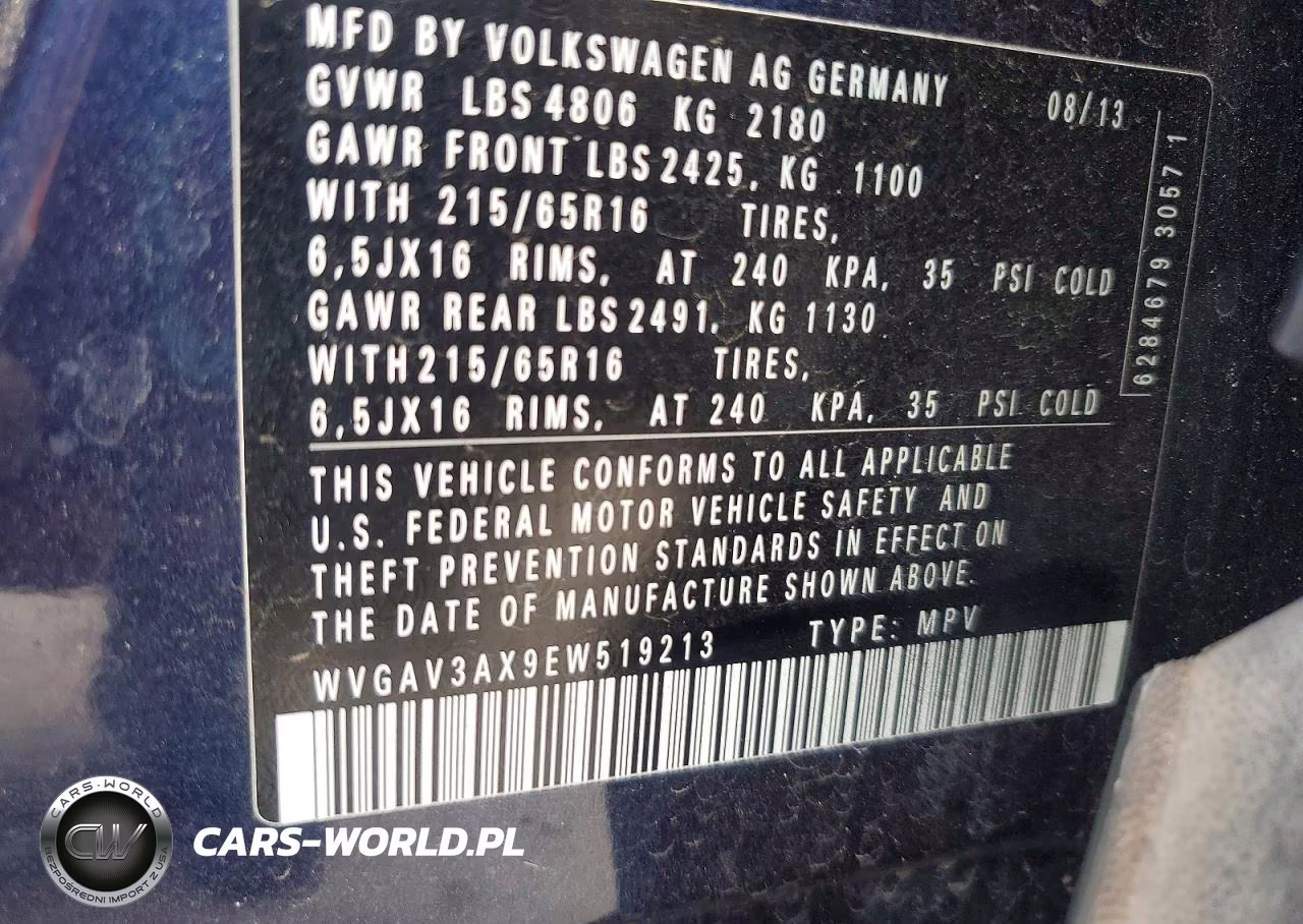 2014 Volkswagen Tiguan S VIN:WVGAV3AX9EW519213 - 13