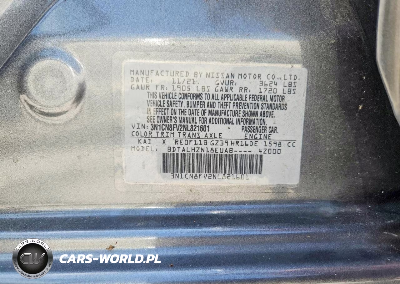 2022 Nissan Versa Sr VIN:3N1CN8FV2NL821601 - 12