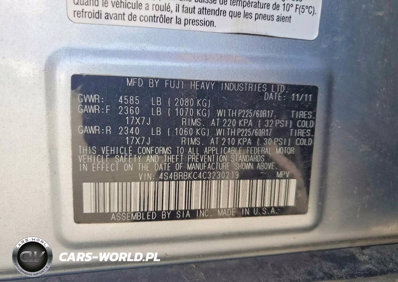 2012 Subaru Outback 2.5I Limited VIN:4S4BRBKC4C3230219 - 13