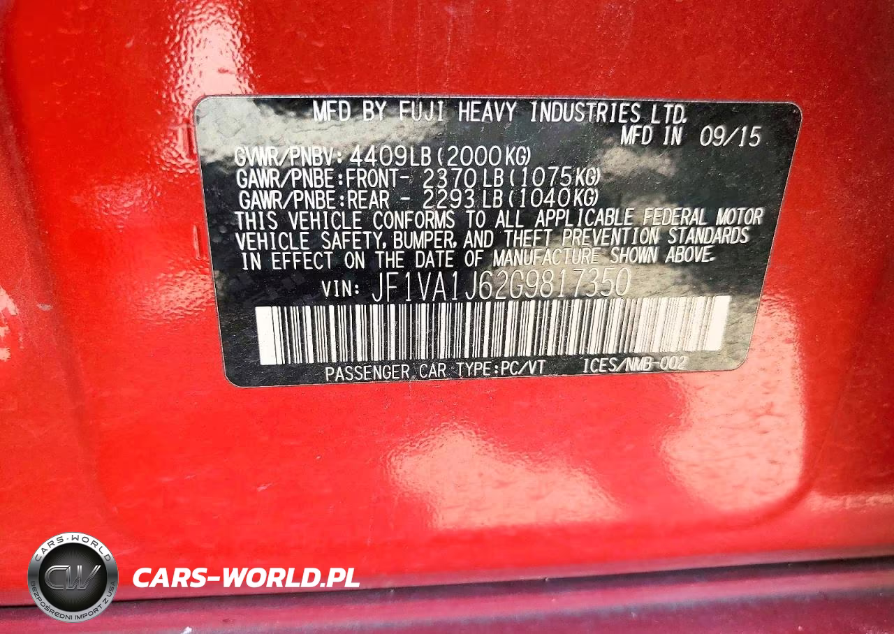 2016 Subaru Wrx Limited VIN:JF1VA1J62G9817350 - 12