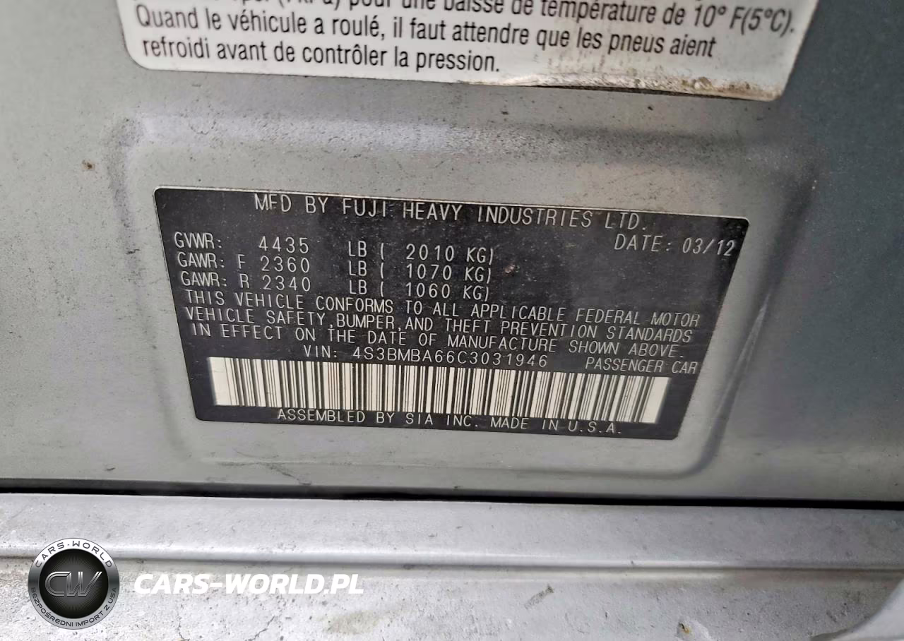2012 Subaru Legacy 2.5I VIN:4S3BMBA66C3031946 - 12