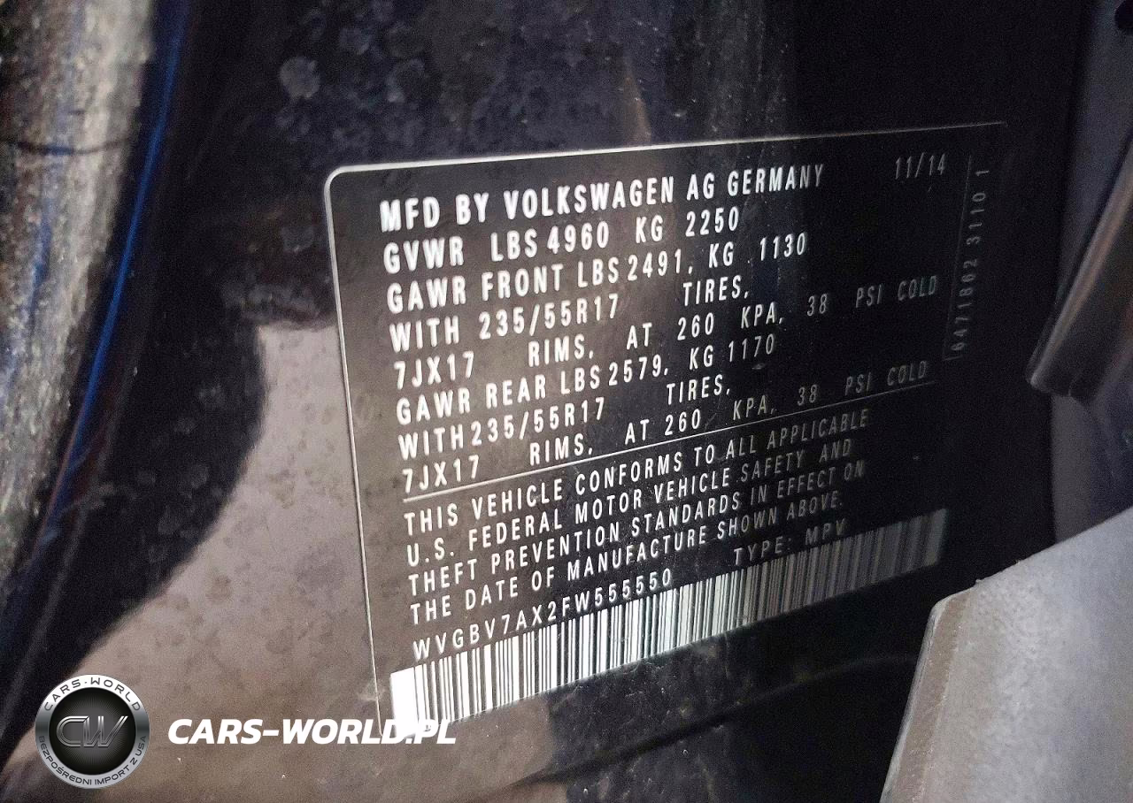 2015 Volkswagen Tiguan S VIN:WVGBV7AX2FW555550 - 14