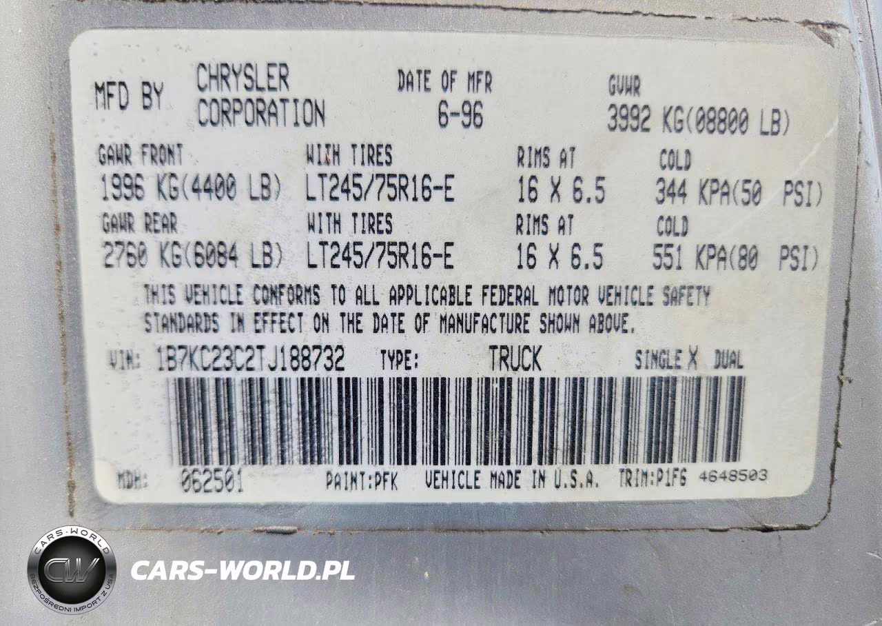 1996 Dodge Ram 2500 VIN:1B7KC23C2TJ188732 - 12
