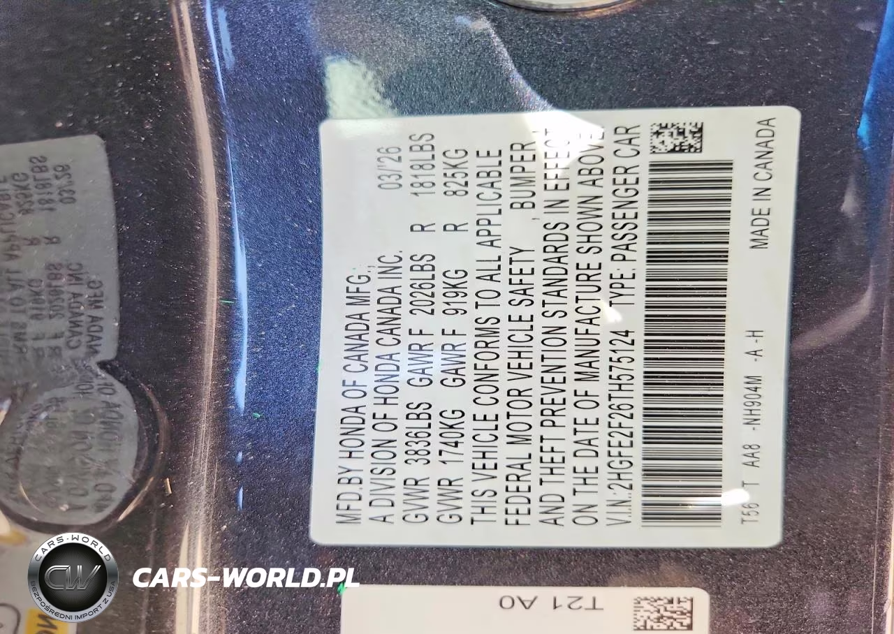 2026 Honda Civic Lx VIN:2HGFE2F26TH575124 - 12