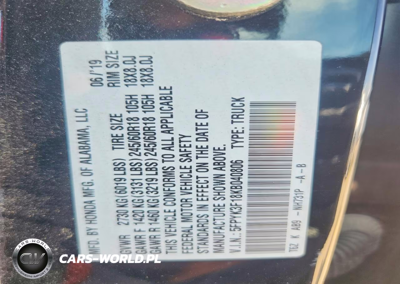 2019 Honda Ridgeline Sport VIN:5FPYK3F18KB040806 - 12