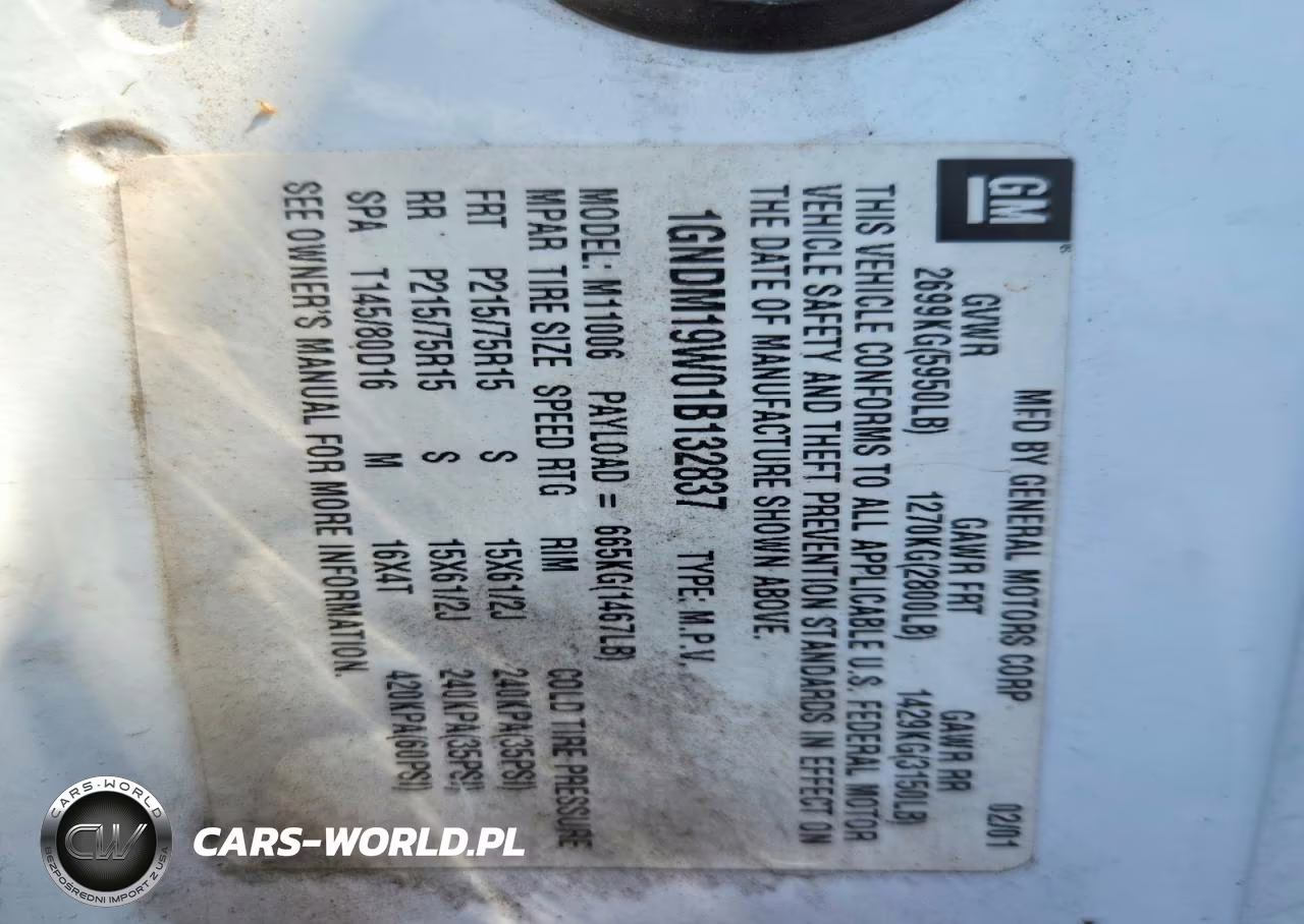 2001 Chevrolet Astro VIN:1GNDM19W01B132837 - 13