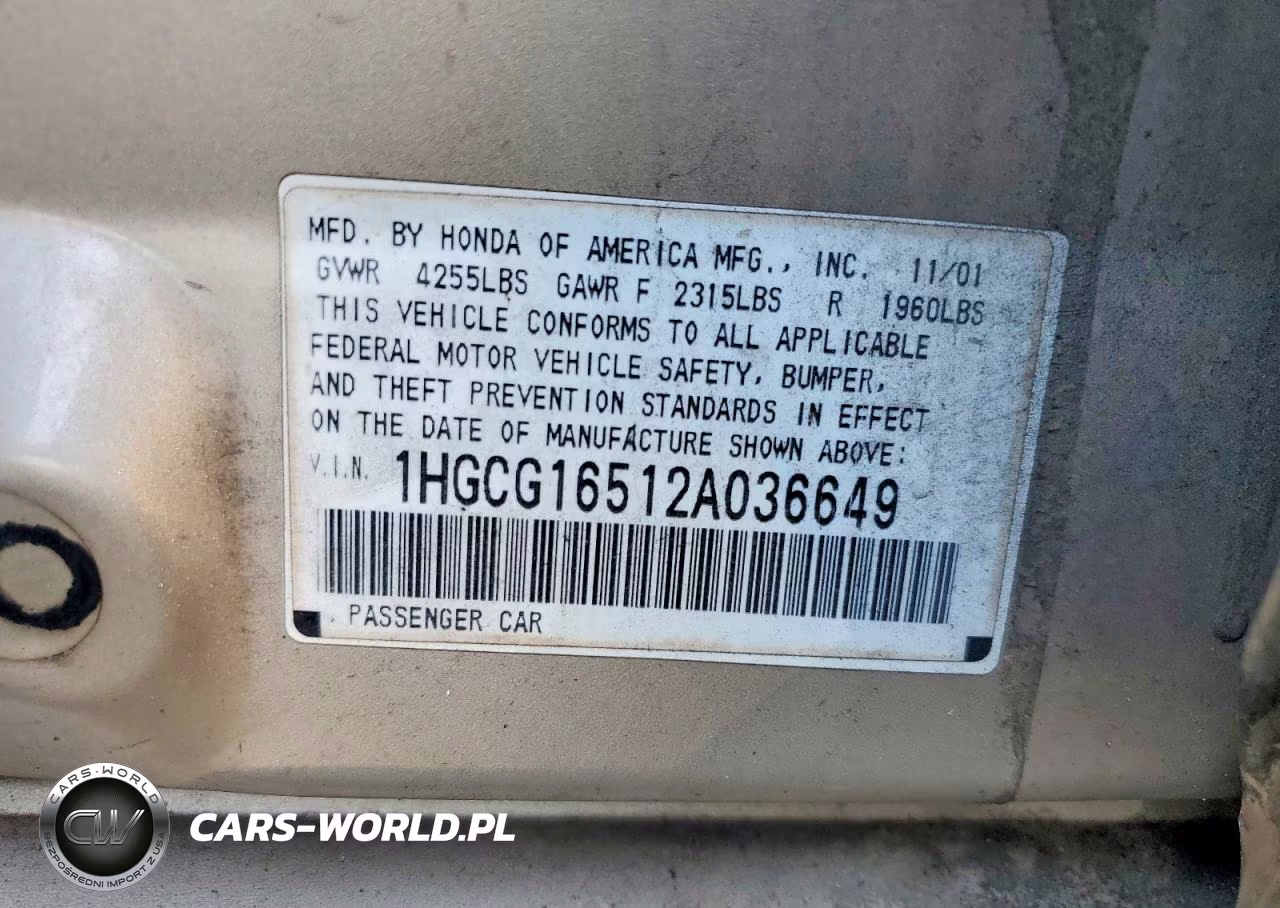 2002 Honda Accord Ex VIN:1HGCG16512A036649 - 12