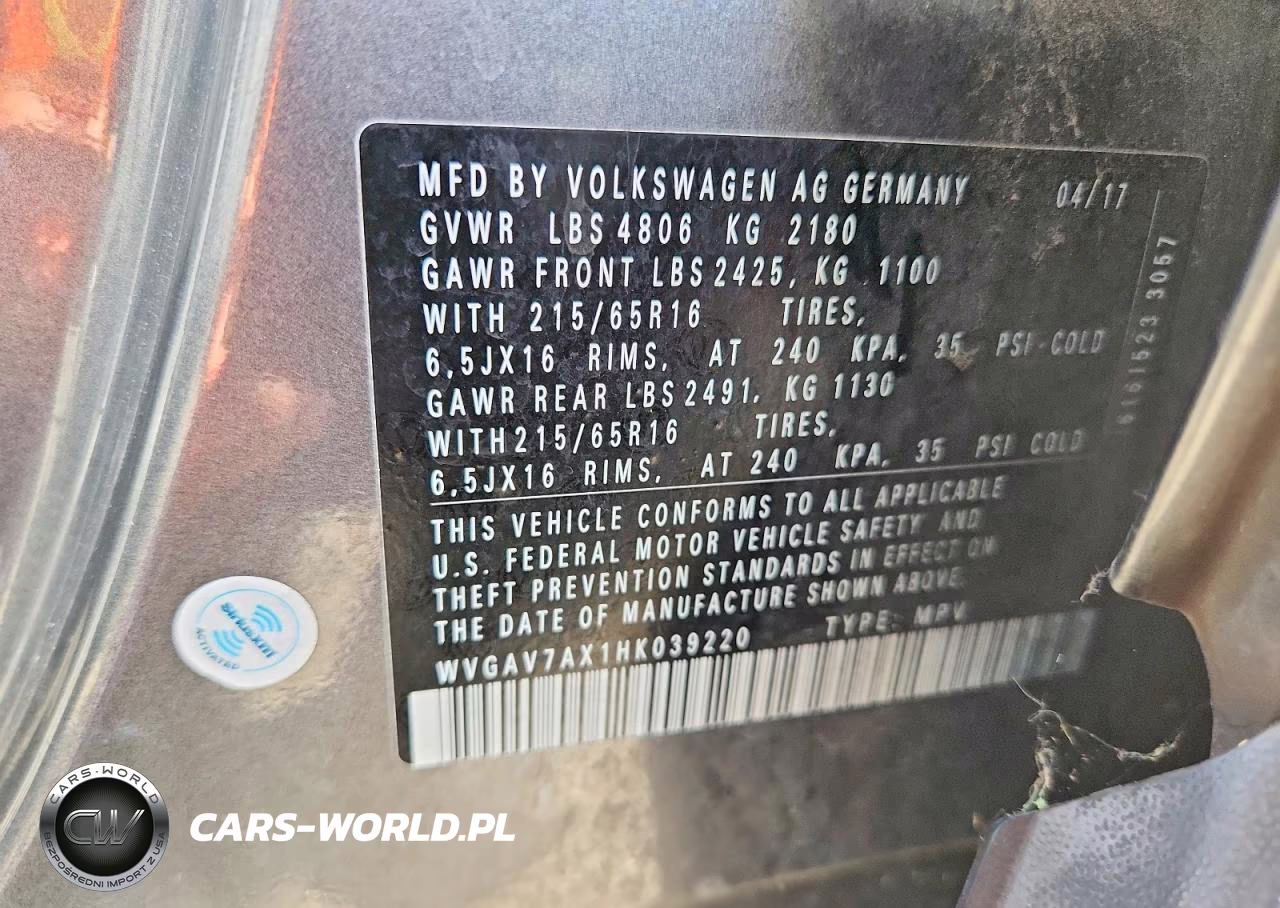 2017 Volkswagen Tiguan S VIN:WVGAV7AX1HK039220 - 13