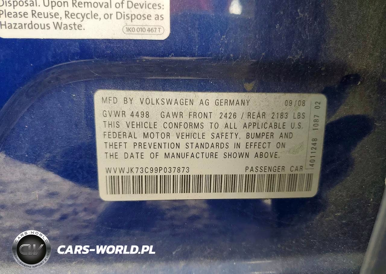 2009 Volkswagen Passat Turbo VIN:WVWJK73C99P037873 - 12