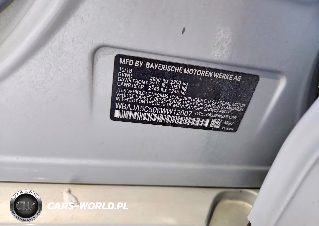 2019 BMW 530 I VIN:WBAJA5C50KWW12007 - 12