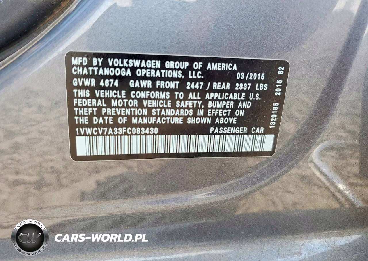 2015 Volkswagen Passat Sel VIN:1VWCV7A33FC083430 - 12