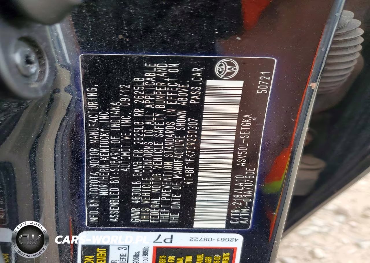 2012 Toyota Camry Xle VIN:4T4BF1FK7CR250307 - 12