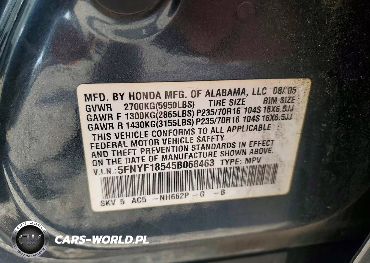 2005 Honda Pilot Exl VIN:5FNYF18545B068463 - 13