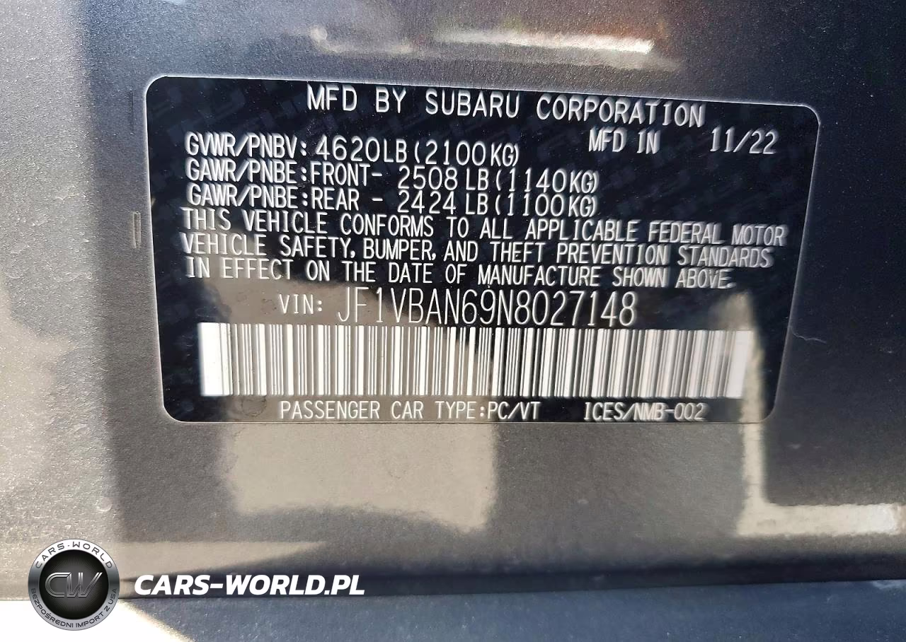 2022 Subaru Wrx Limited VIN:JF1VBAN69N8027148 - 12