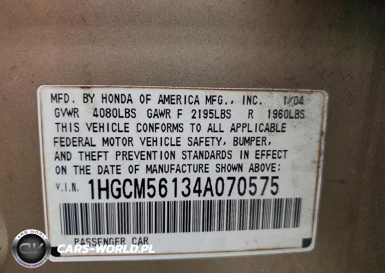 2004 Honda Accord Dx VIN:1HGCM56134A070575 - 12