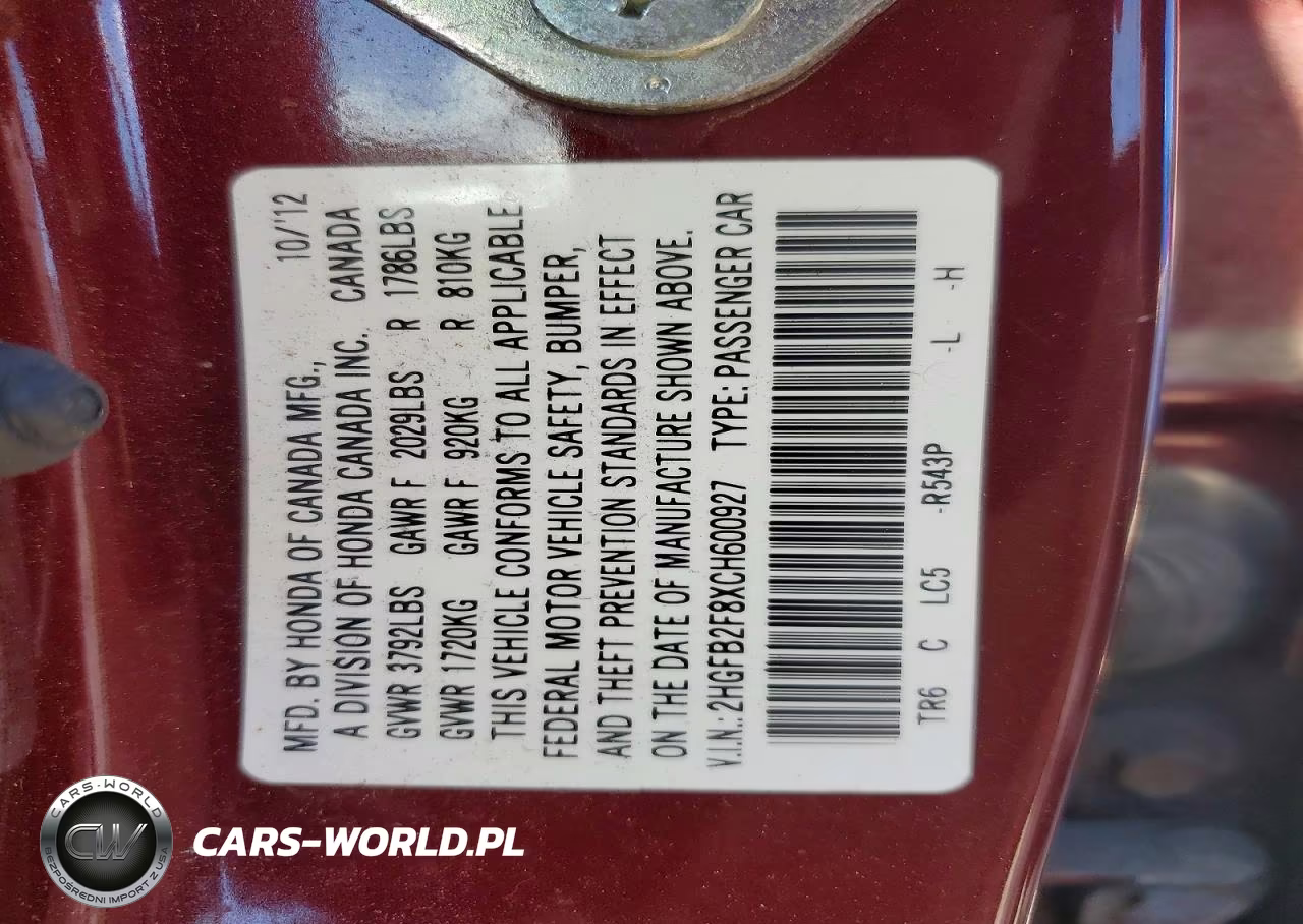 2012 Honda Civic Ex VIN:2HGFB2F8XCH600927 - 12