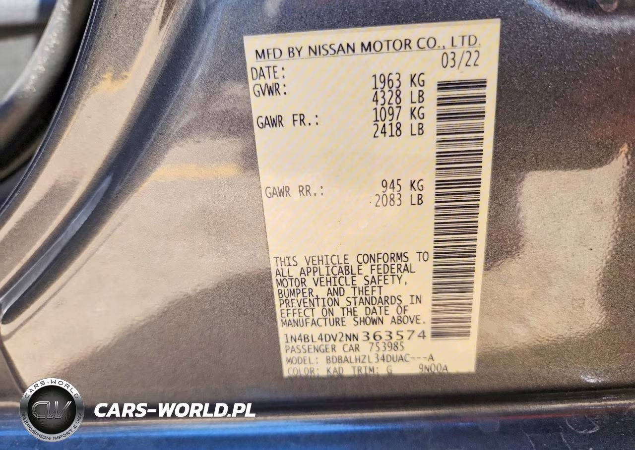 2022 Nissan Altima Sv VIN:1N4BL4DV2NN363574 - 12