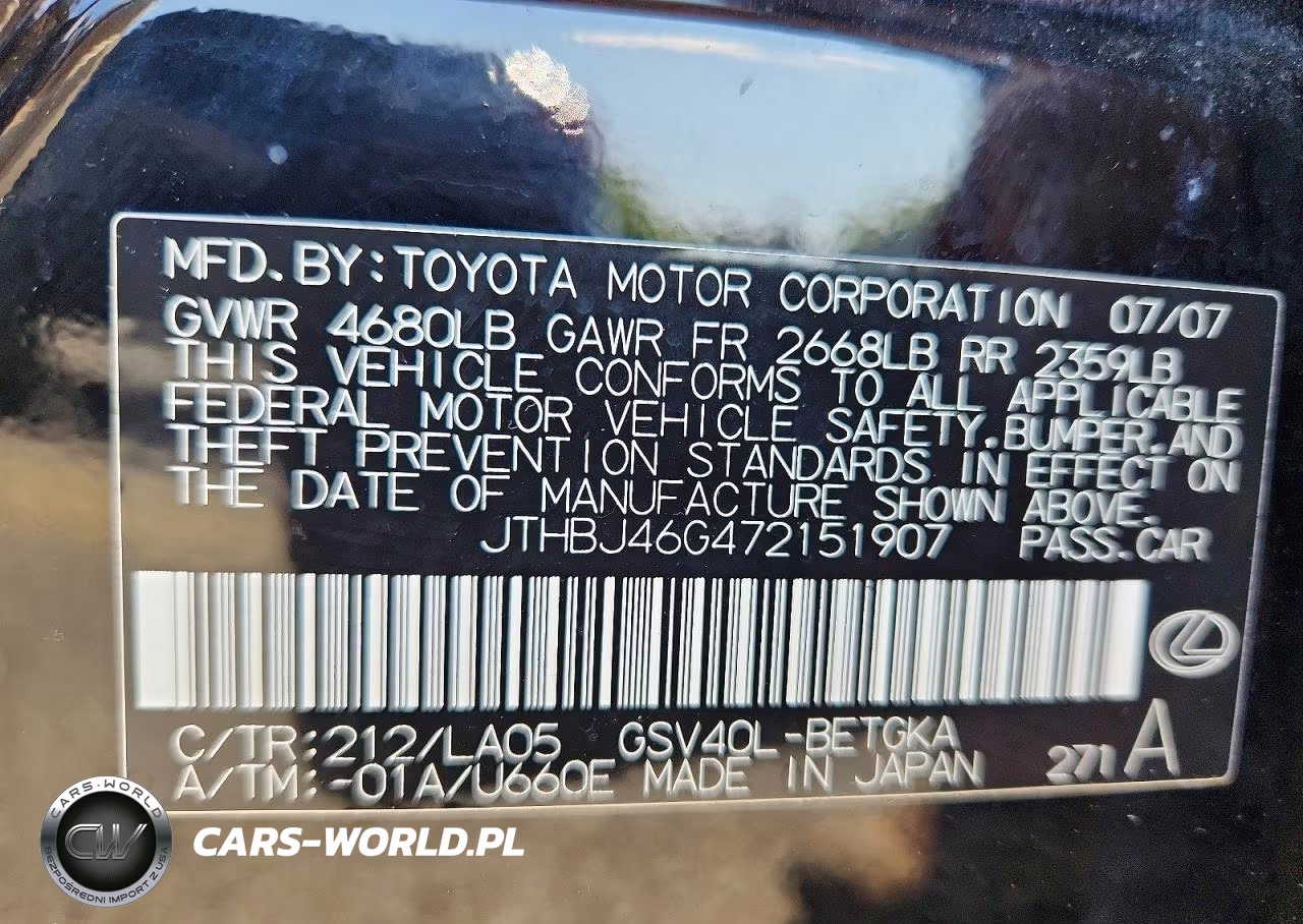 2007 Lexus Es 350 VIN:JTHBJ46G472151907 - 12