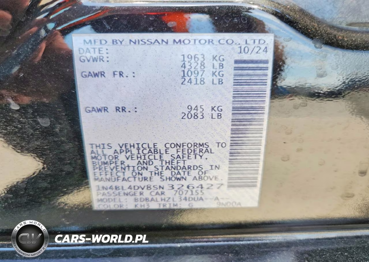 2025 Nissan Altima Sv VIN:1N4BL4DV8SN326427 - 12