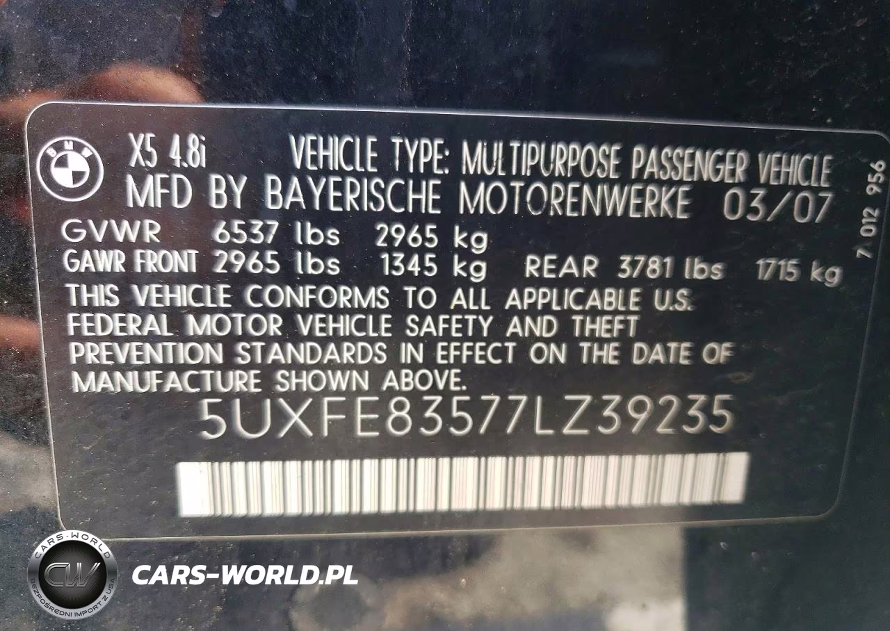 2007 BMW X5 4.8I VIN:5UXFE83577LZ39235 - 12