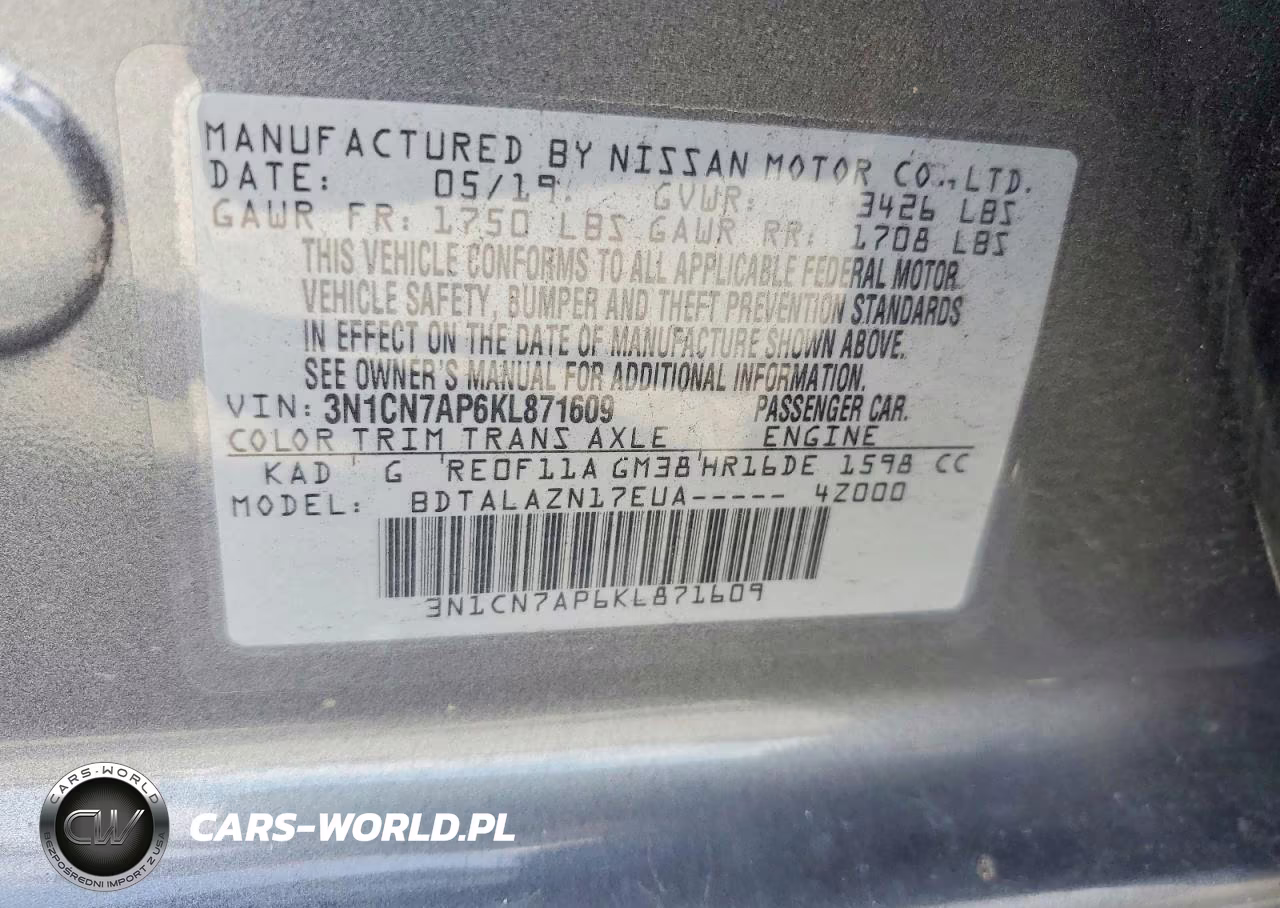 2019 Nissan Versa S Plus VIN:3N1CN7AP6KL871609 - 13