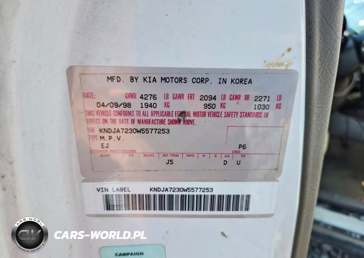 1998 Kia Sportage Base VIN:KNDJA7230W5577253 - 12