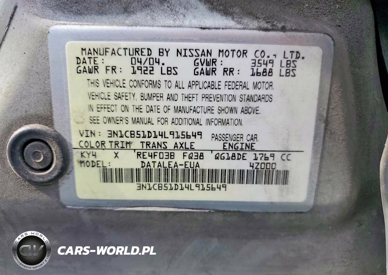 2004 Nissan Sentra 1.8 VIN:3N1CB51D14L915649 - 12